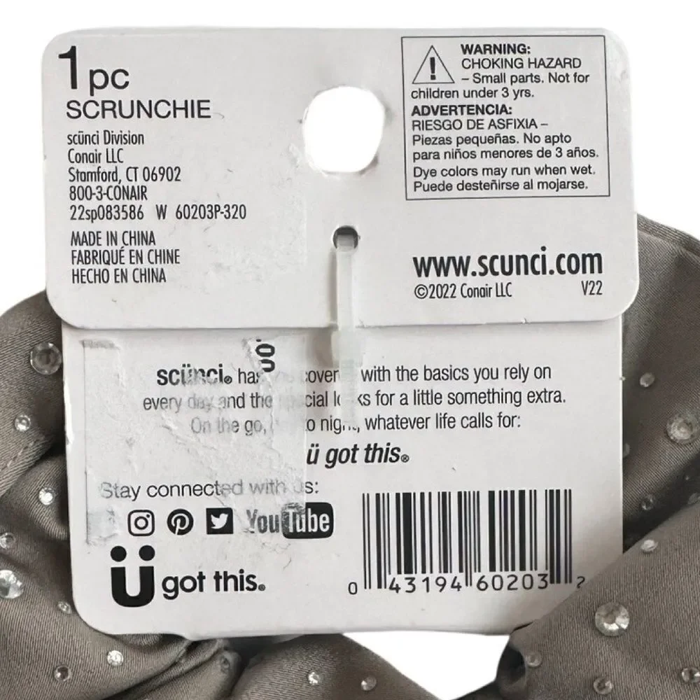 Tamara Mowry Scunci Taupe Rhinestone Embellished Satin Scrunchie NWT - Picture 5 of 5